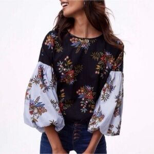 LOFT Floral Balloon Sleeve Blouse Peasant Cottagecore Boho  Sz XL
